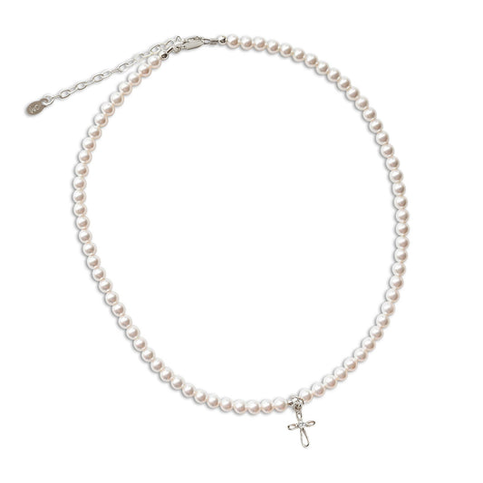 Sterling Silver + Pearl Cross Necklace