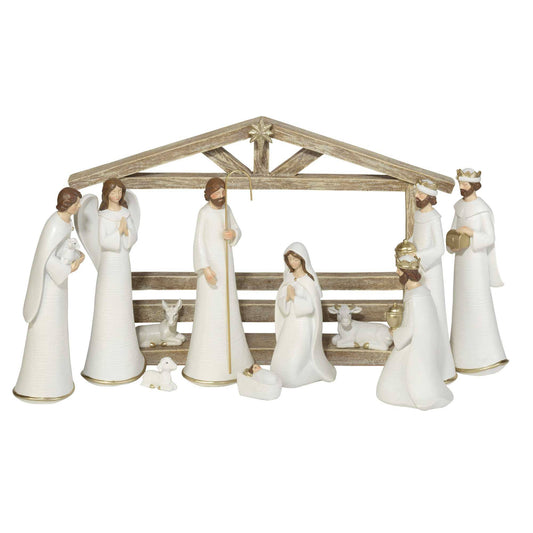 11 Piece White Nativity Set with Chreche