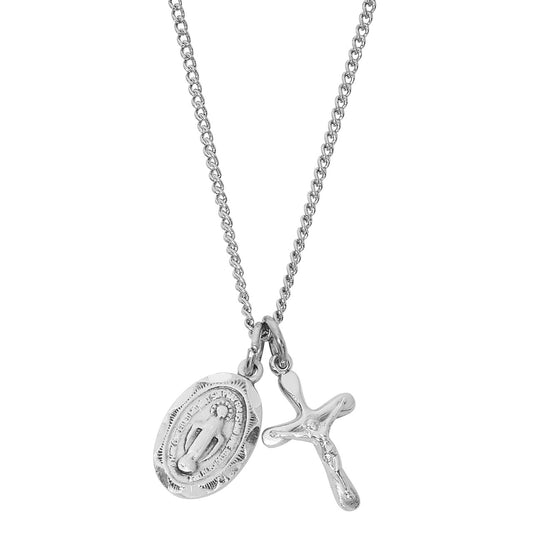 18" Sterling Silver Miraculous Medal and Crucifix Necklace