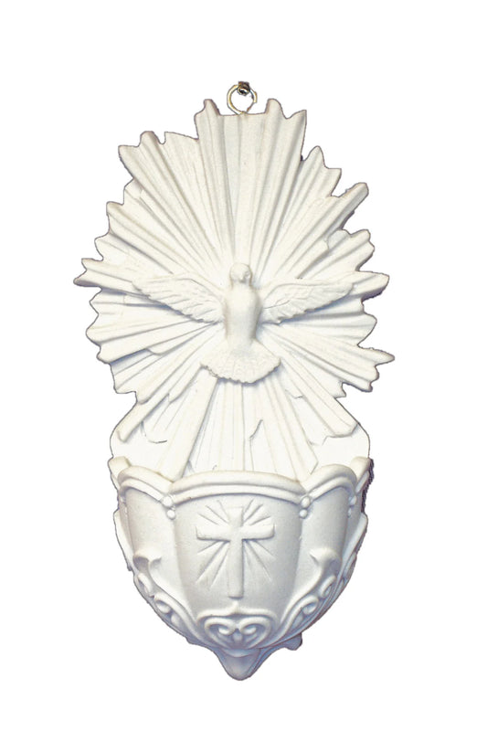 Holy Spirit holy water font in all white 5"