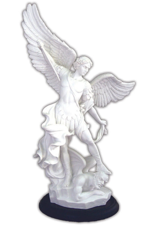 St. Michael in white on black wood base 15" Veronese Collection