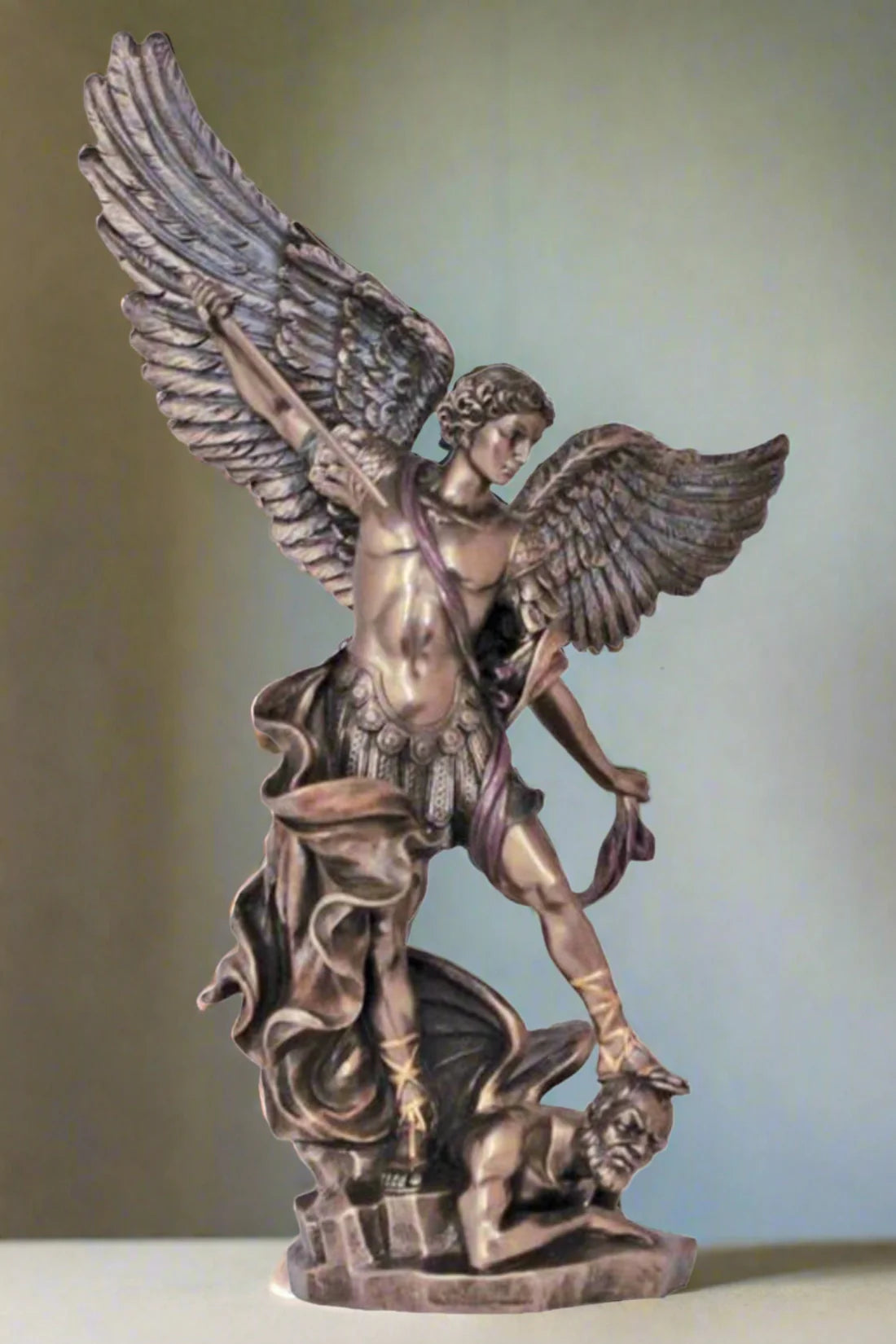 St. Michael in lightly hand-painted cold cast bronze 14.5"
