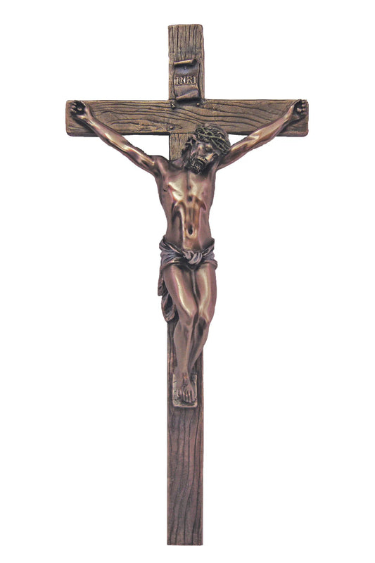 Crucifix in lightly hand-painted cold cast bronze 13"