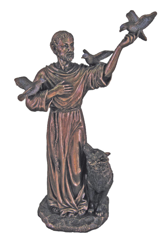 St. Francis with Animals in lightly hand-painted cold cast bronze 10"