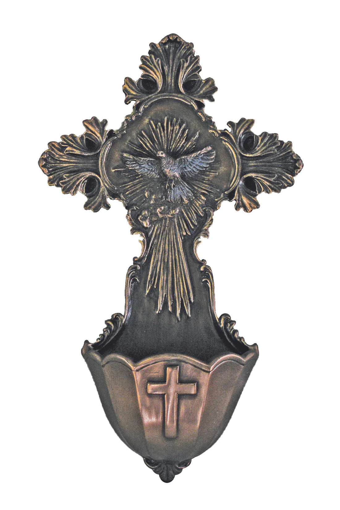 Holy Spirit holy water font in lightly hand-painted cold cast bronze 6"