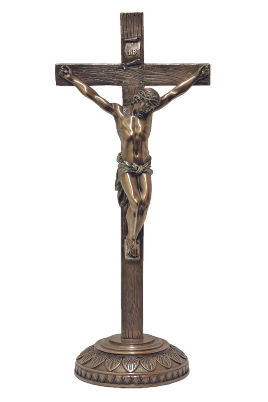 Standing Crucifix in lightly hand-painted cold cast bronze