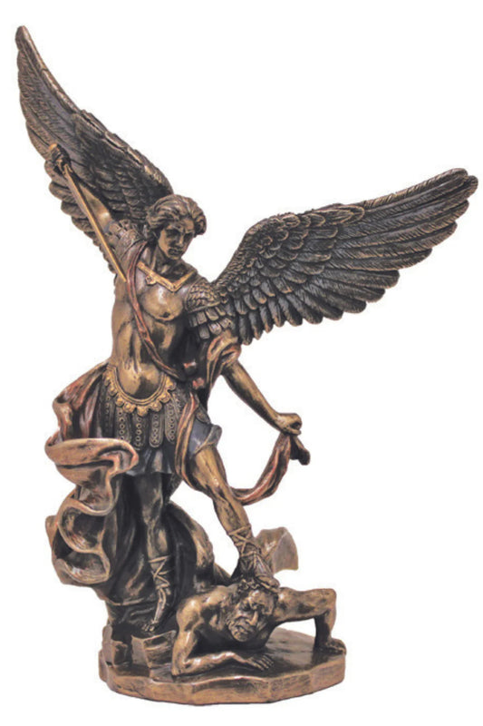 St. Michael in lightly hand-painted cold cast bronze 8"