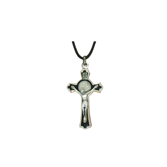 St. Benedict Black Enamel Crucifix Necklace 2.5"