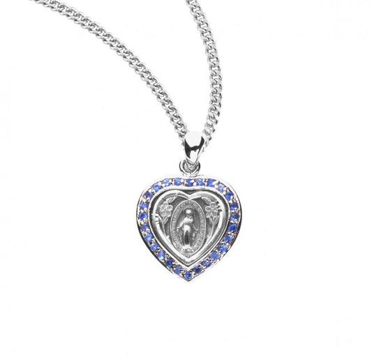 Sterling Silver Sapphire Cubic Zirconia Miraculous Medal