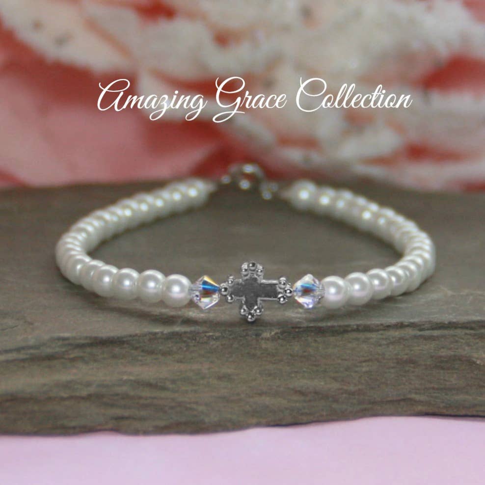 Rhodium Cross Pearl 6.5 " Bracelet