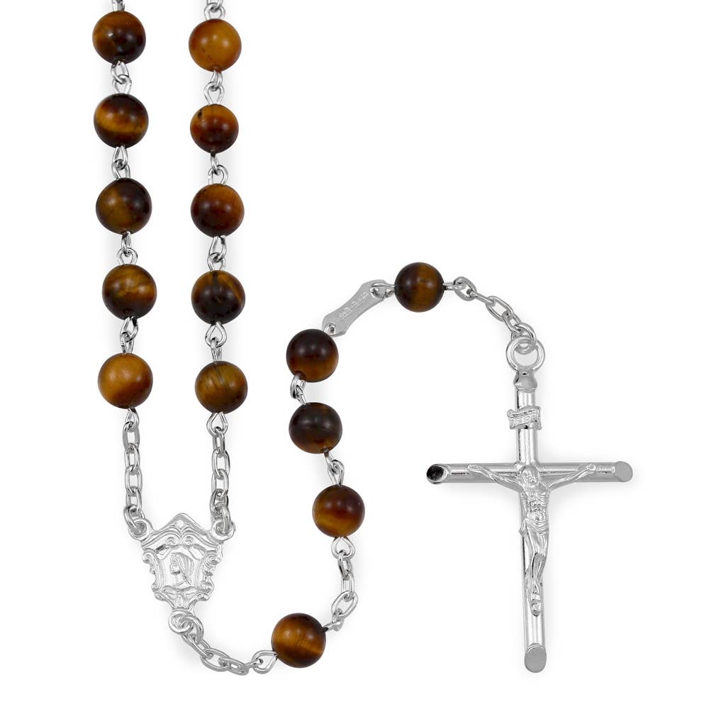 Rosary Tiger Eye Beads Sterling Silver Crucifix