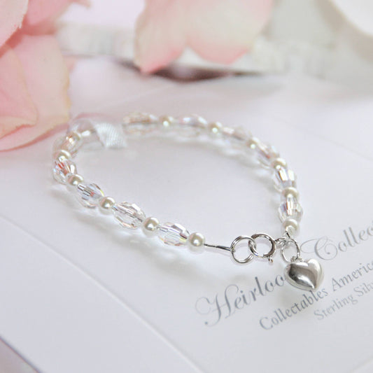 Rhodium Heart Crystals & Pearls 5" Bracelet