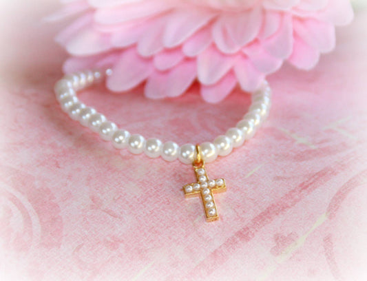 Gold Cross Pearl 6" Bracelet