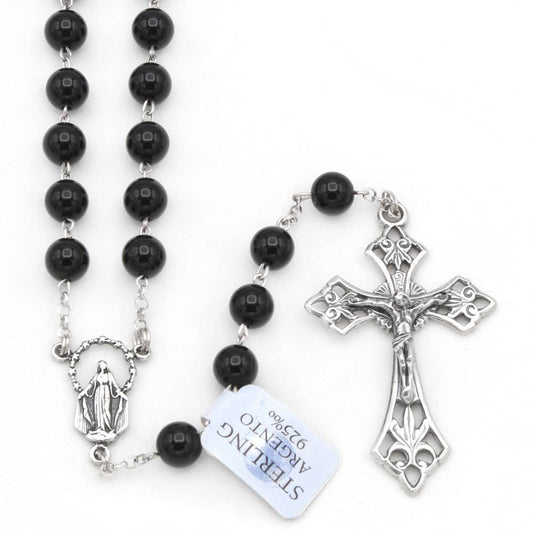 Sterling Silver Rosary with Onyx Beads