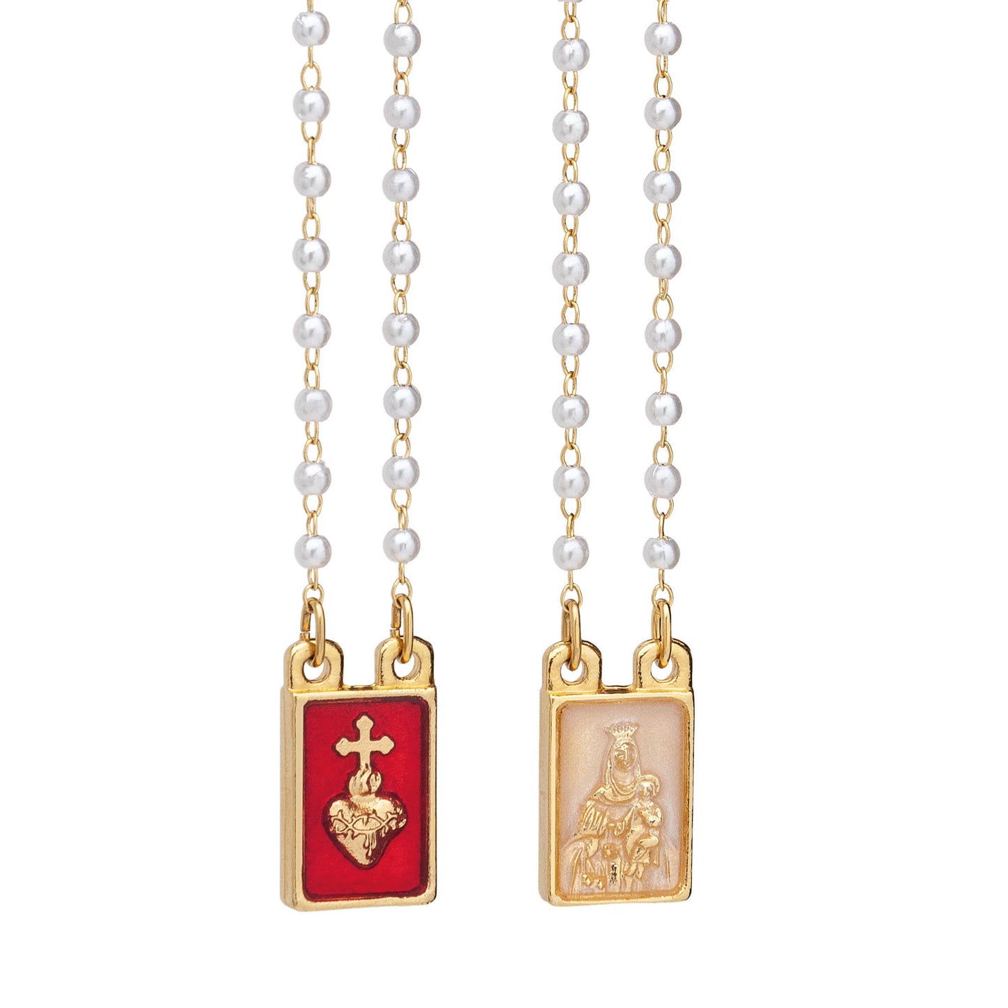 Lady's Scapular Sacred Heart + Lady Mt. Carmel Pearl Beads 