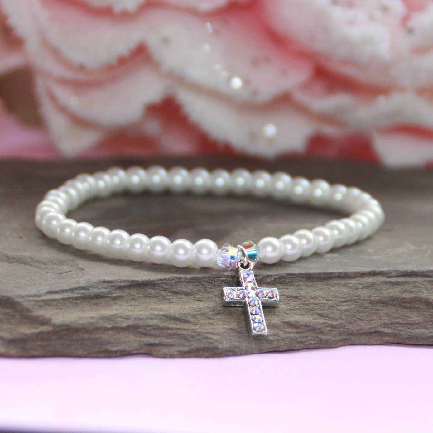 Crystal Filled Cross Pearl 6.5 inch Bracelet