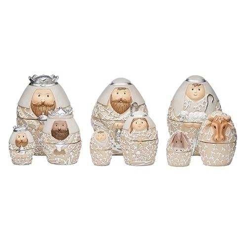 6"H 9 Piece Set Nesting Nativity White, Ivory Papercut Look