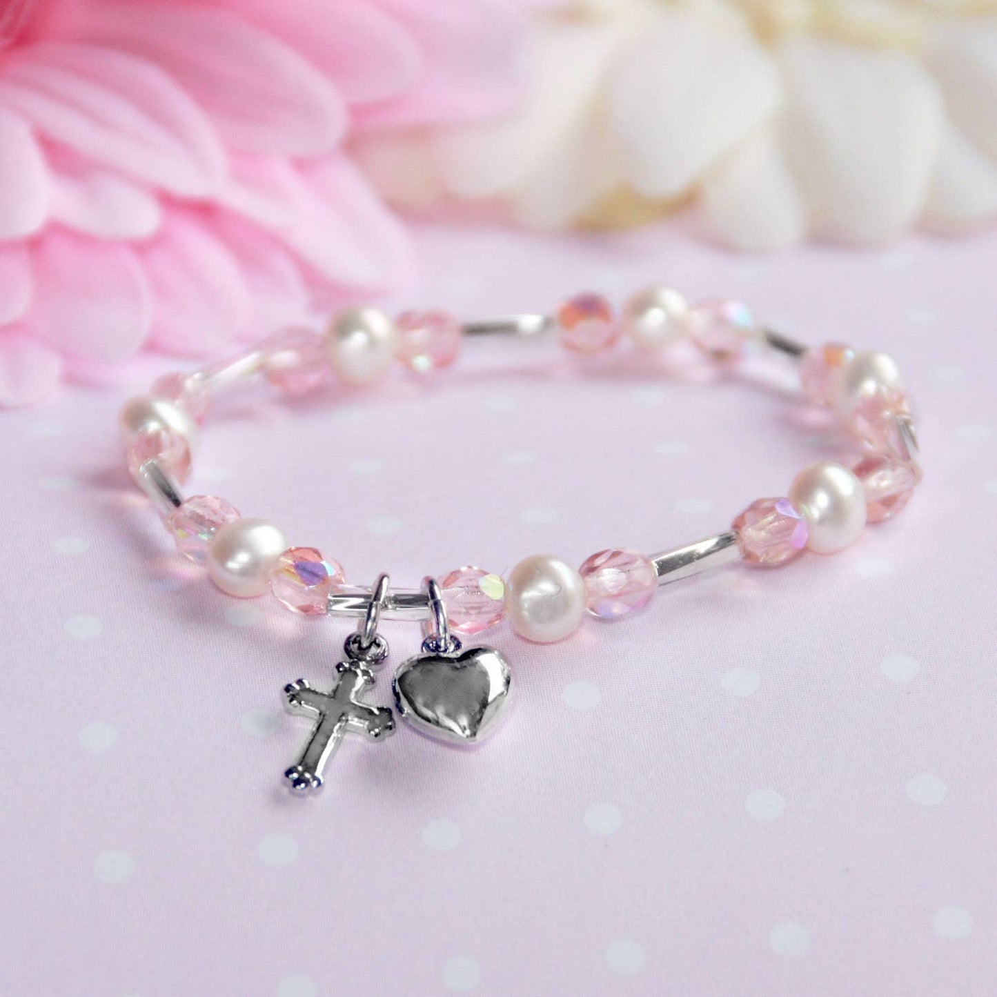 Pearl & Crystal Heart & Cross 5" Strech Bracelet