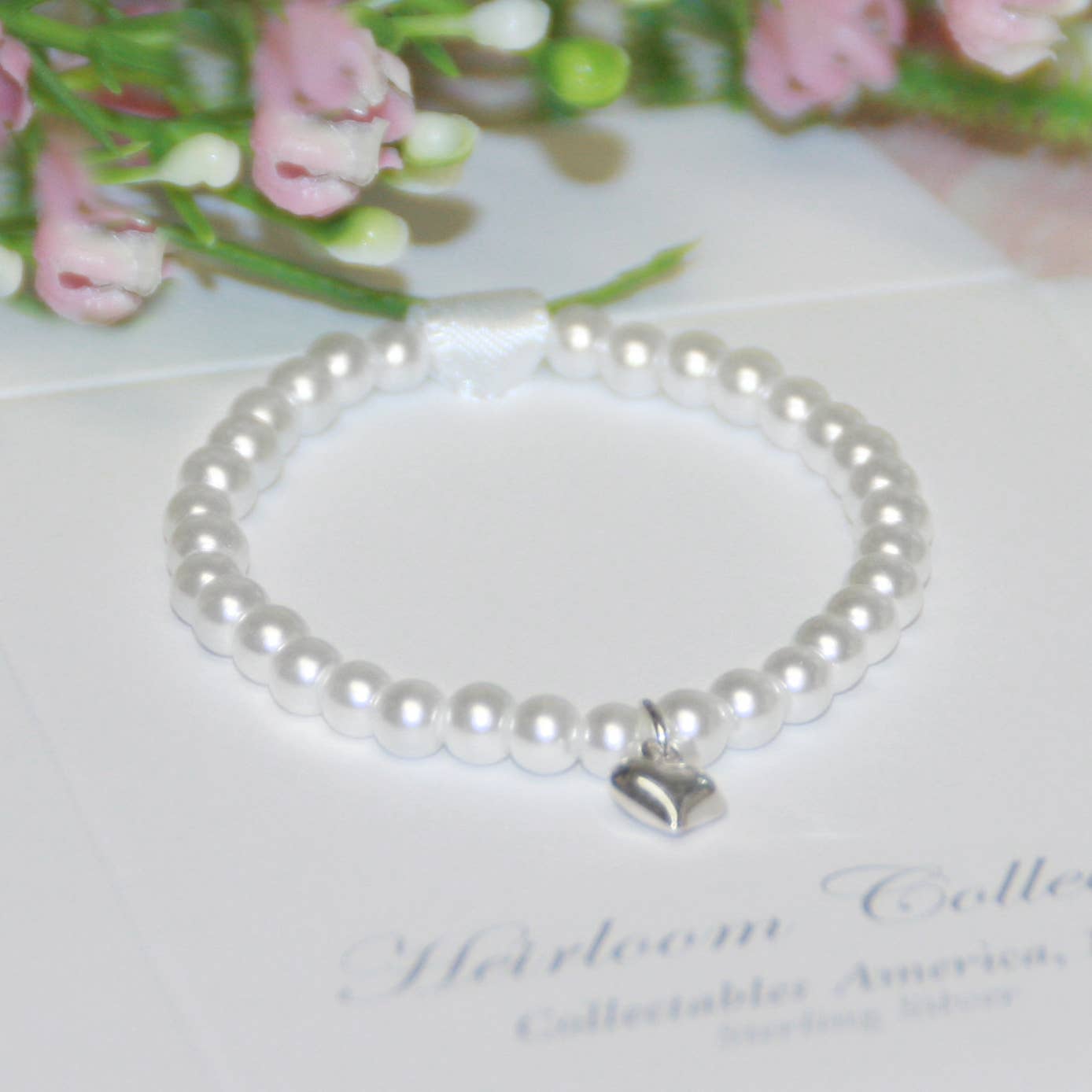 Sterling Silver Heart Pearl 5" Stretch Bracelet