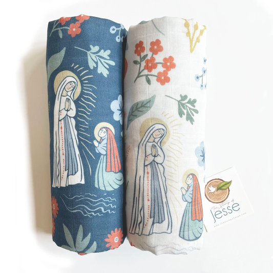 Our Lady of Lourdes and St. Bernadette Muslin Blue Swaddle