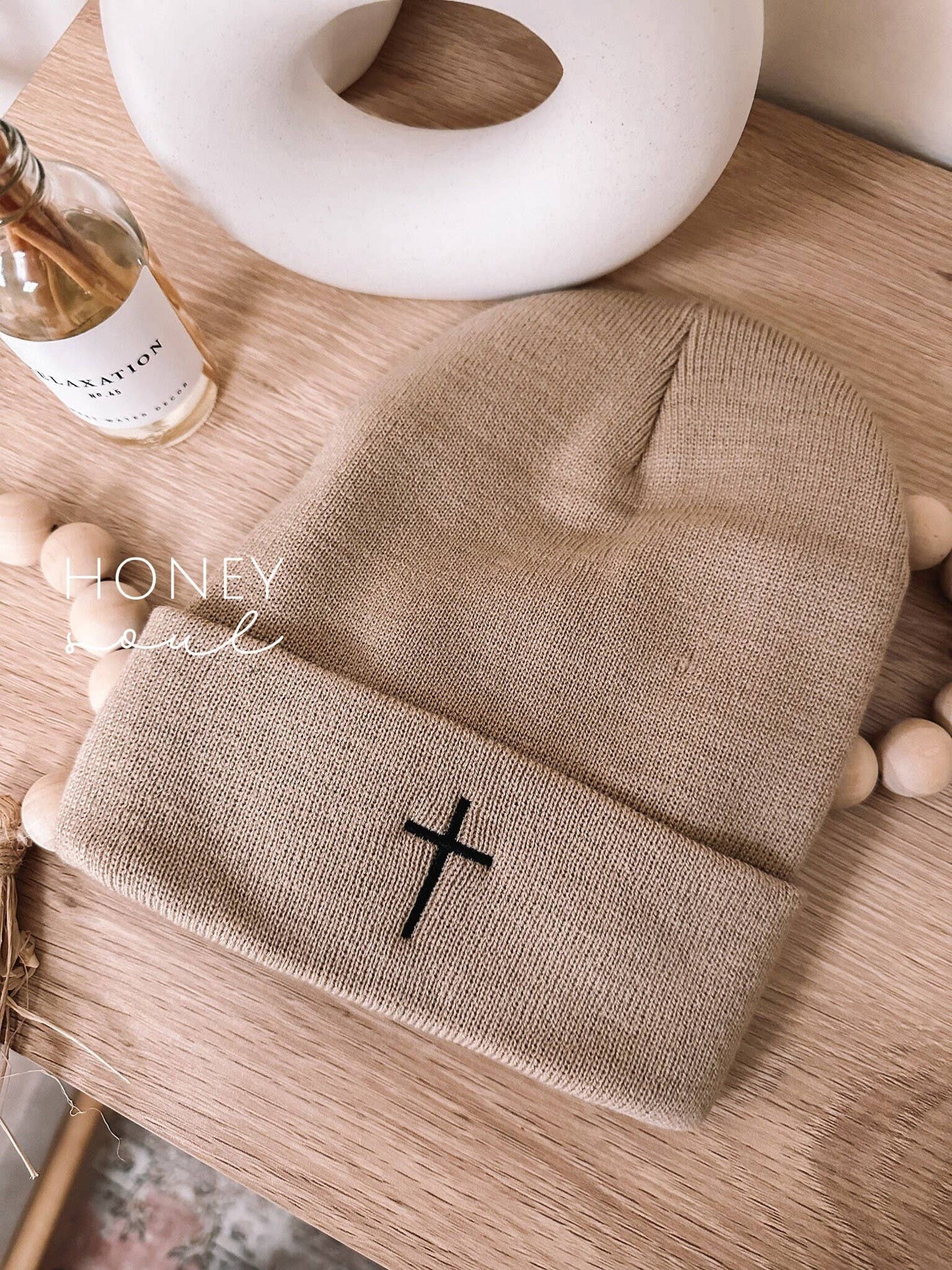 Embroidered Cross Knit Beanie