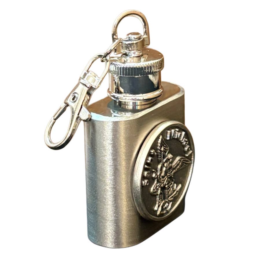 Saint Michael Token Holy Water Flask SS w/ Keychain   1 oz