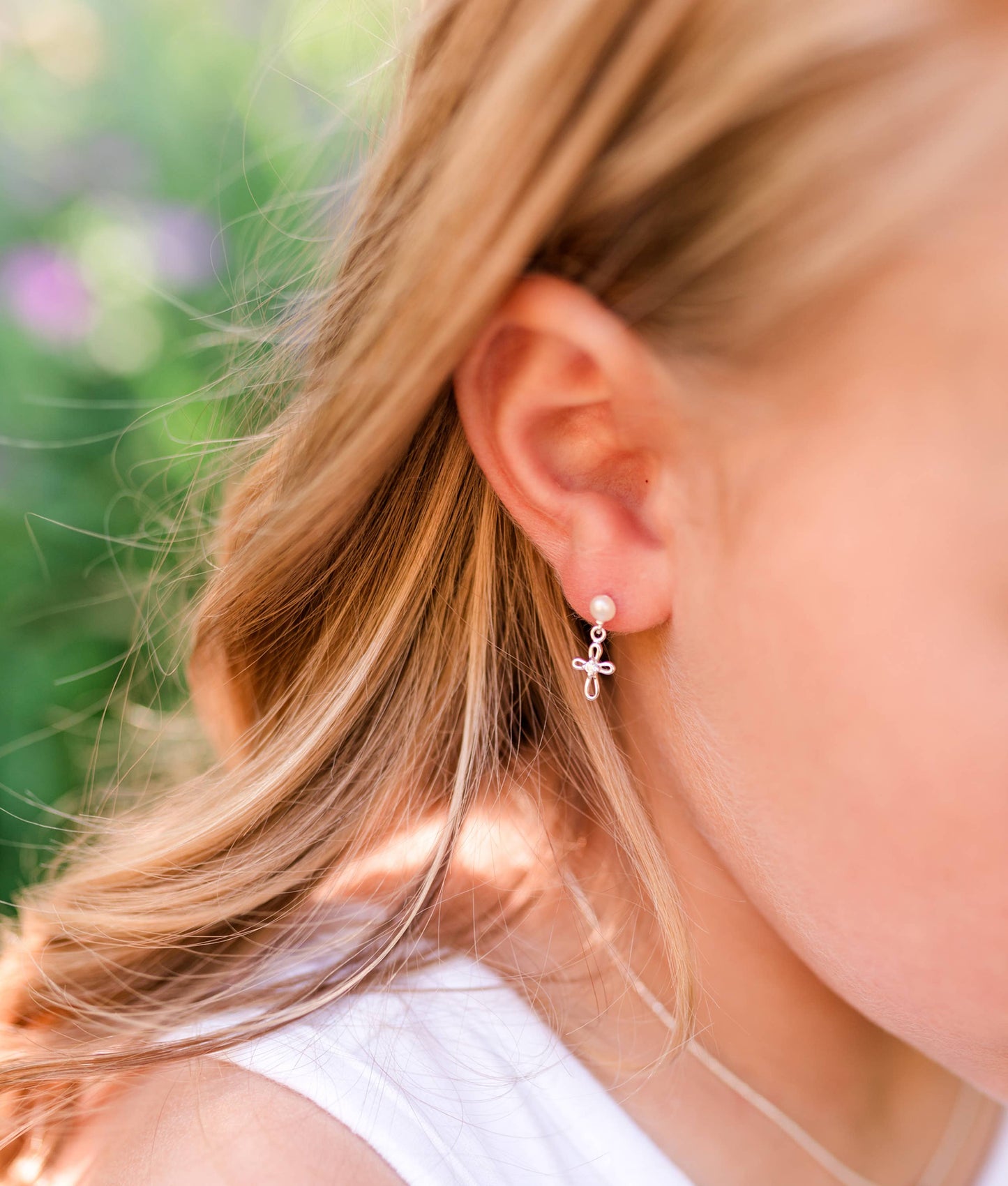 Sterling Silver Pearl Cross Earrings