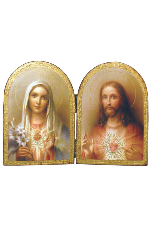 Sacred Heart of Jesus and Immaculate Heart of Mary Florentine Diptych 9x6.25"