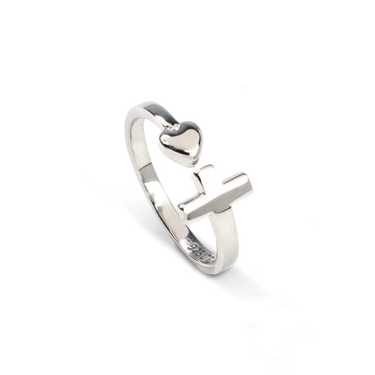 Simple Cross with Heart Ring - size 6, adjustable