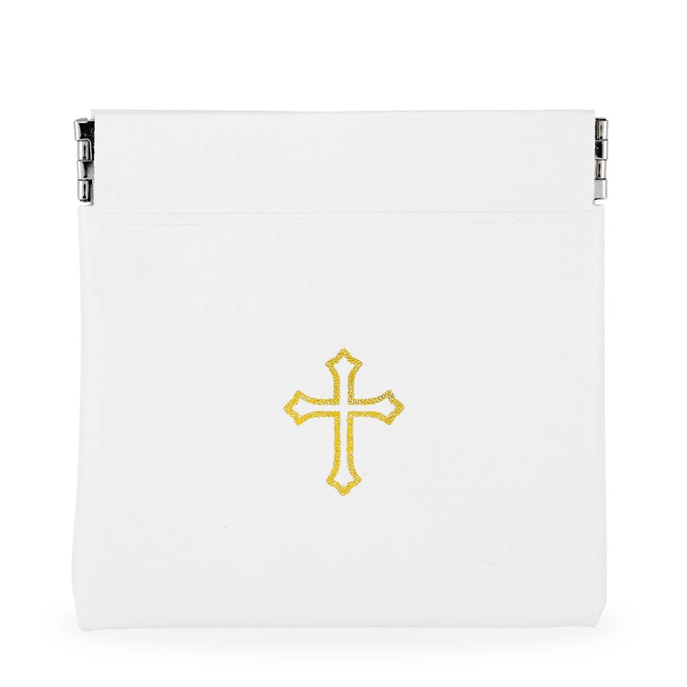 White Vinyl Rosary Pouch Squeeze Top Gold Cross Imprint