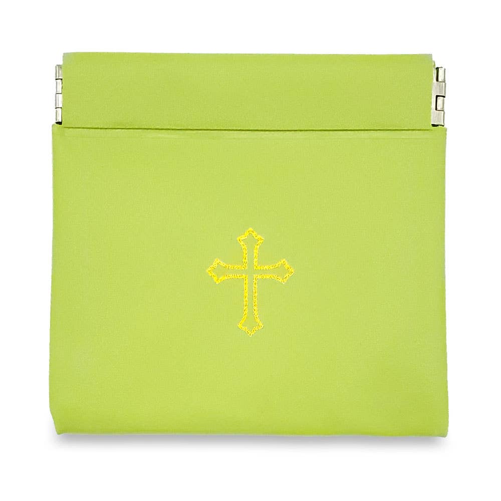 Green Vinyl Rosary Pouch Squeeze Top Gold Cross Imprint