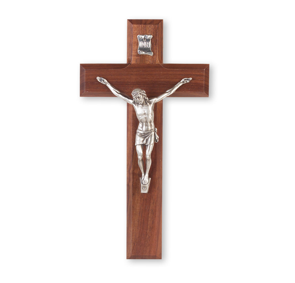 Walnut Wood Crucifix with Silver Corpus 10"