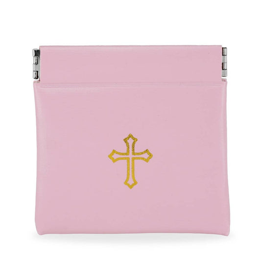 Pink Vinyl Rosary Pouch Squeeze Top Gold Cross Imprint
