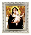 BOUGUEREAU: MADONNA OF THE ROSES IN A FINE DETAILED SCROLL CARVINGS ANTIQUE SILVER FRAME