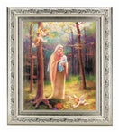 MADONNA OF THE WOODS IN A FINE DETAILED SCROLL CARVINGS ANTIQUE SILVER FRAME