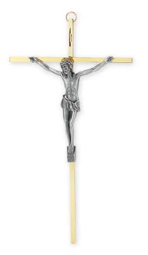 Brass Plated Crucifix with Antiqued Silver Plated Corpus 10"
