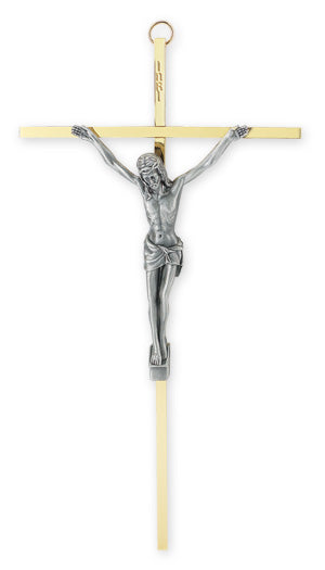 Brass Plated Cross with Antiqued Silver Plated Corpus 10"