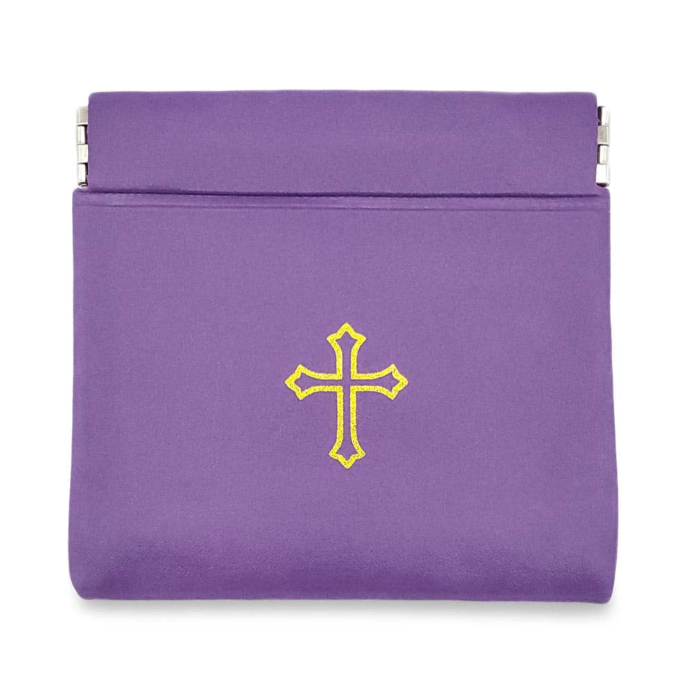 Violet Vinyl Rosary Pouch Squeeze Top Gold Cross Imprint