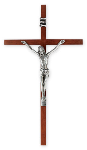 Wood Cross with Antiqued Silver Plated Corpus 10"