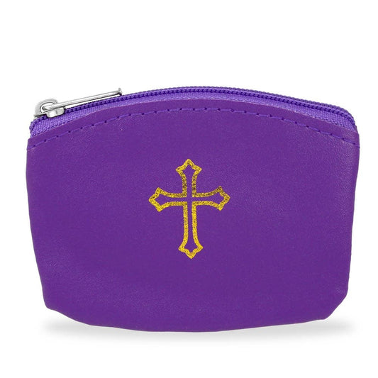 Violet  Rosary Case with Zipper and Gold Cross Imprint
