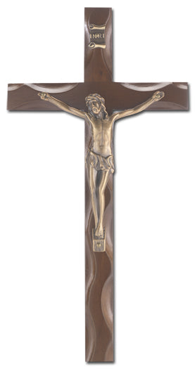 Walnut Finish Notched Crucifix with Museum Gold Plated Corpus 10"