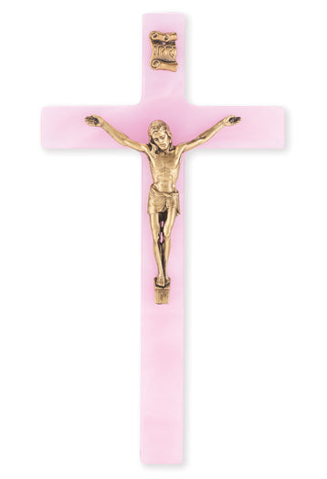 Pearlized Pink Crucifix with Gold Corpus 7"