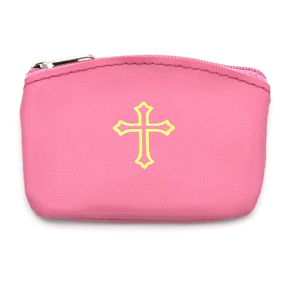 Pink Rosary Pouch with Zipper and Gold Cross Imprint