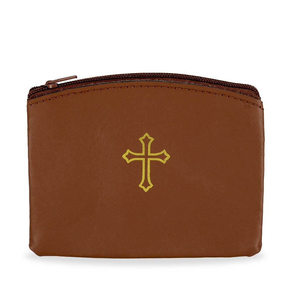 Brown Genuine Leather Zipper Rosary Pouch Gold Cross