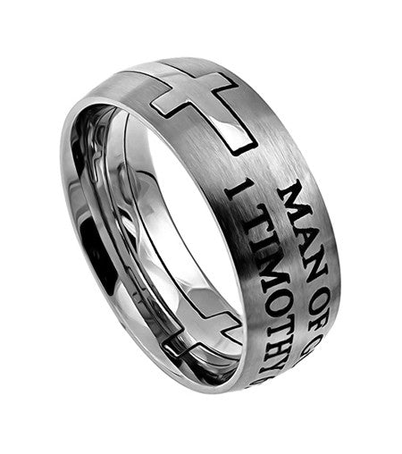 Square Double Cross Silver Ring "Man Of God"