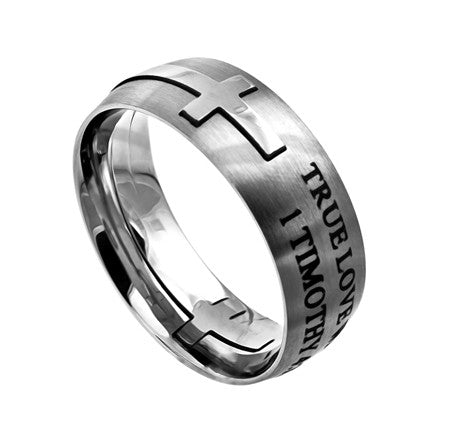 Square Double Cross Silver Ring "True Love Waits"
