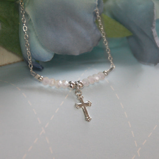 Sterling Silver Cross and Matte White Crystals