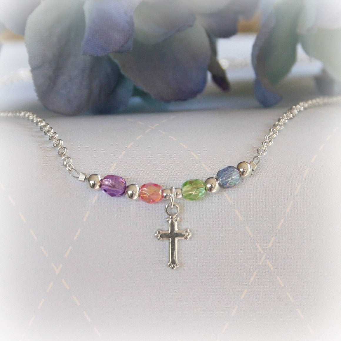 Sterling Silver and Pastel Crystals Cross Necklace