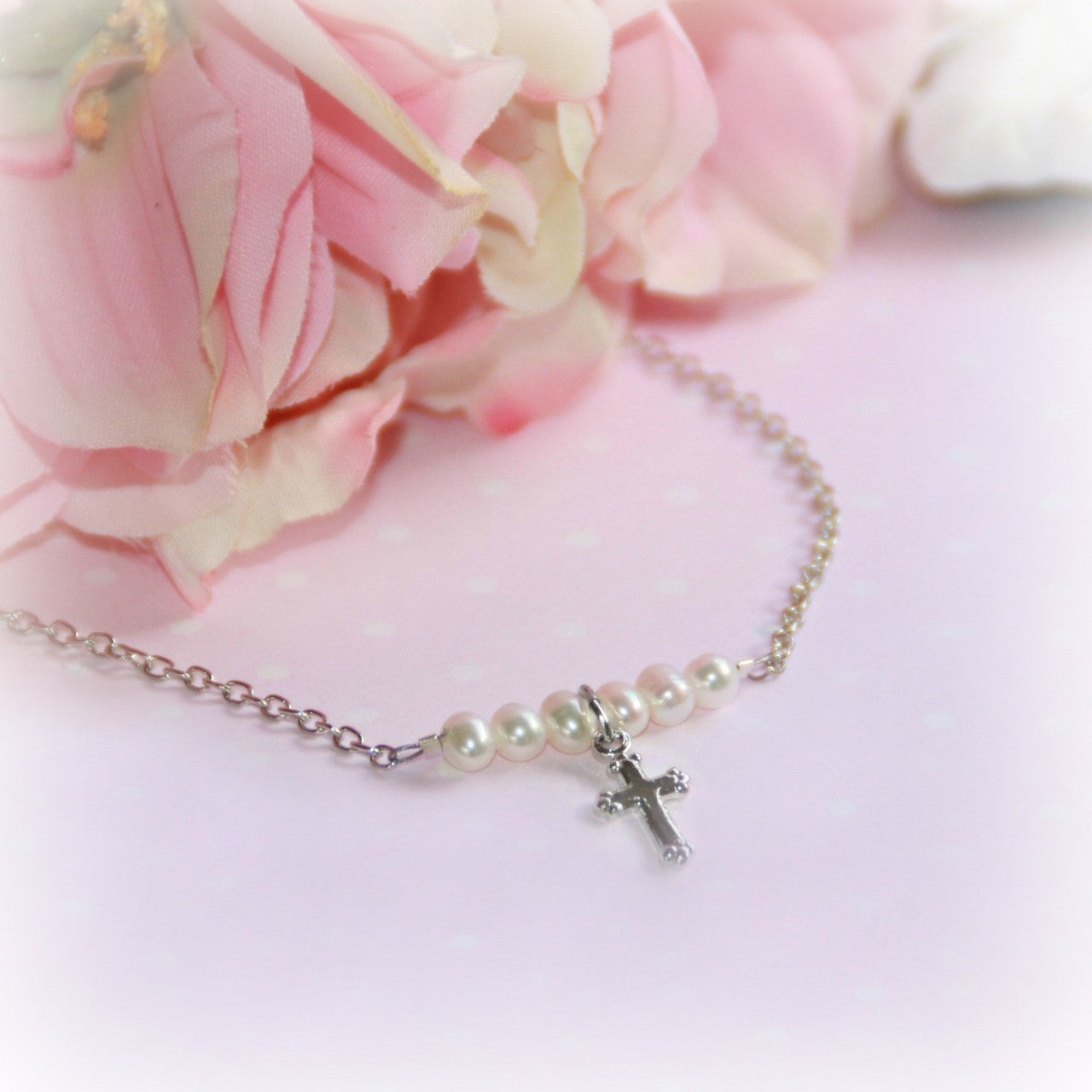 Rhodium Cross with Freshwater Pearls Necklace