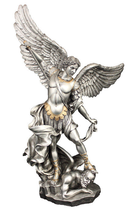 St. Michael Pewter Style with Gold Trim 10"
